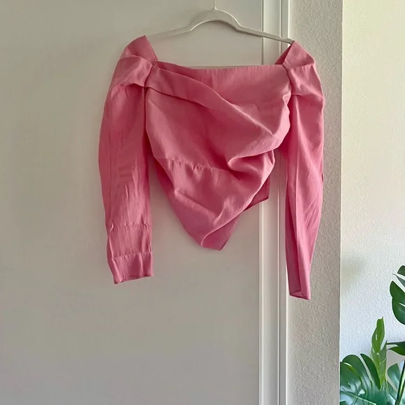 TOPSHOP Off the Shoulder Pink Long Sleeve Ruched Blouse Flirty Girly Top Blouse - Picture 3 of 12